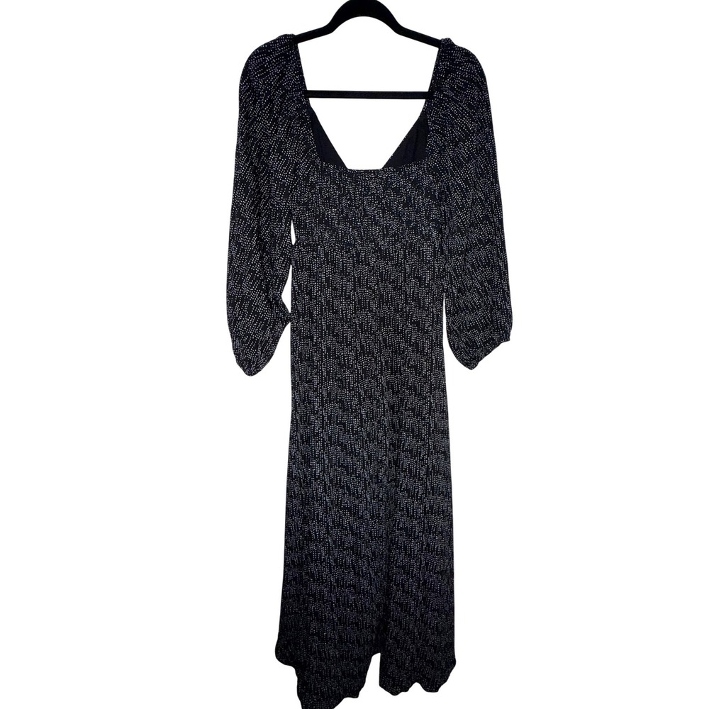 Stitch + Feather Black White Polka Dot Smocked Back Long Sleeve Midi Dress S